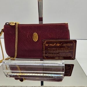 Auth must de Cartier Chain Pouch Wristlet pochette Mini Handbag Bordeaux Leather